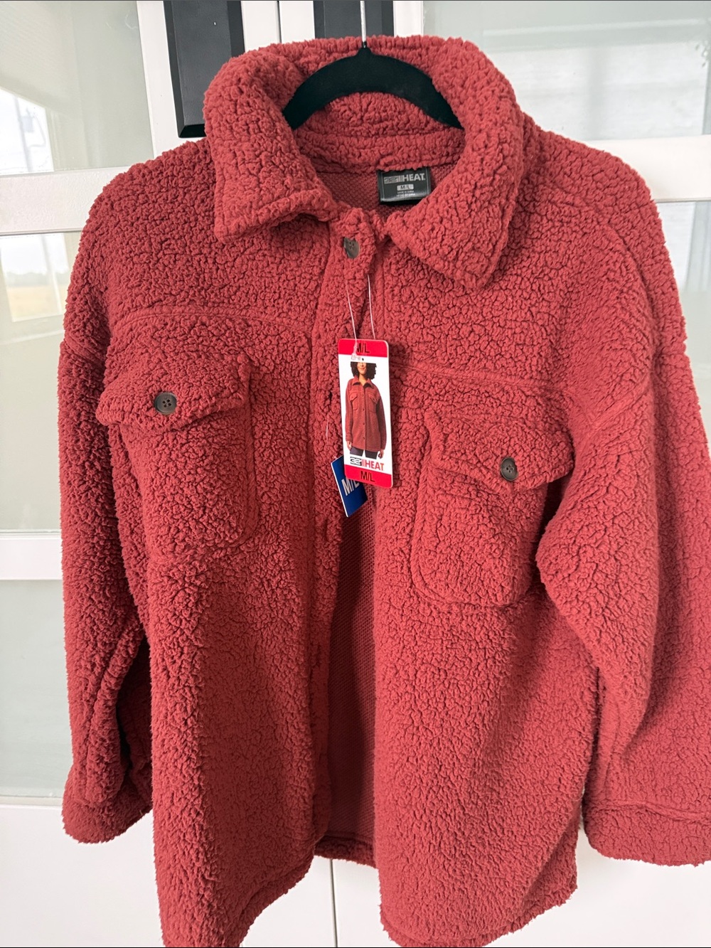 Women’s 5 Button Sherpa Shacket in Spiced Apple Red —NWT